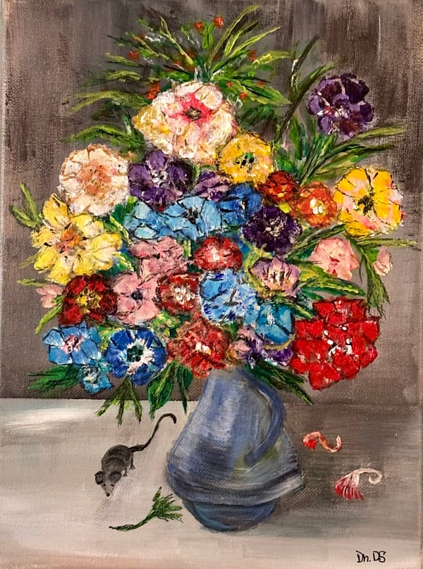 Flowers with tiny mouse painting